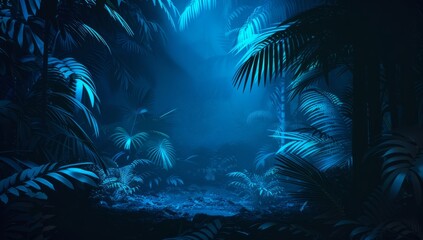 Dark jungle with blue neon lines and palm leaves mysterious atmosphere nighttime scene Generative AI