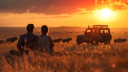 couple sitting on the floor Grass and a jeep in the grass field with wild animals in the...