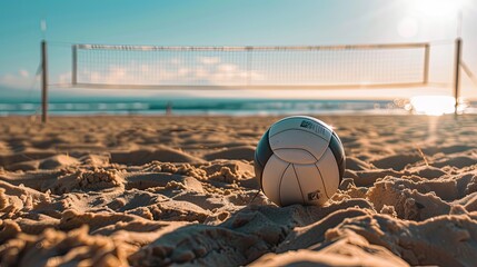 beach volleyball. a volleyball ball on a beach with a volleyball net in the background. beach sports and recreational activities