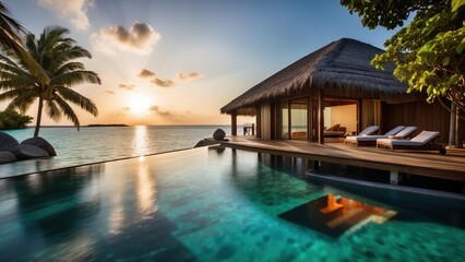 Fototapeta premium Sumptuous beachfront retreat on the idyllic shores of the Maldives, boasting unparalleled views of turquoise waters and overwater bungalows with direct access to the Ocean
