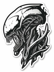 Alien creature head with sharp teeth and aggressive stance in black and white.