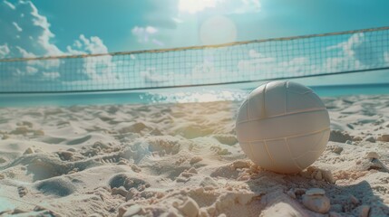 beach volleyball. a volleyball ball on a beach with a volleyball net in the background. beach...