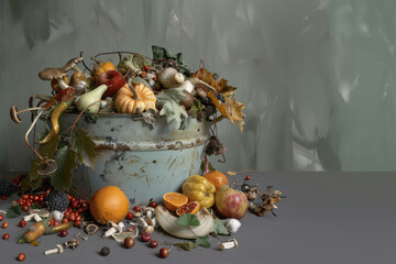 Fototapeta premium Generative AI, food waste compost in old metal basket, environmental background, kitchen waste