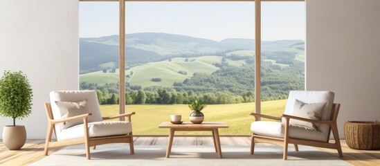 A cozy living room with two chairs and a wooden table, offering a view of a lush green field under the open sky