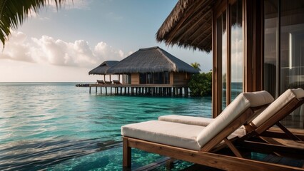 Sumptuous beachfront retreat on the idyllic shores of the Maldives, boasting unparalleled views of turquoise waters and overwater bungalows with direct access to the Ocean