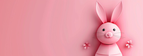 Cute pink bunny rabbit with flowers pink background papercraft handcraft 3d render copy space illustration