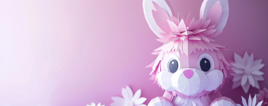 Cute pink bunny rabbit with flowers easter pink background papercraft handcraft 3d render copy space depth of field illustration