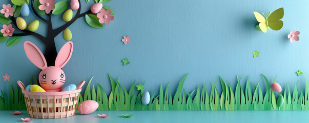 Cute pink bunny rabbit in easter egg basket in garden blue background papercraft handcraft copy space illustration