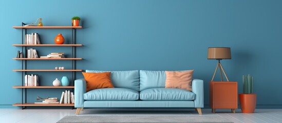 Blue living room with sofa and shelf