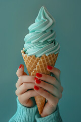 Hands with red nail polish holding ice cream of mint flavor, generative ai - obrazy, fototapety, plakaty