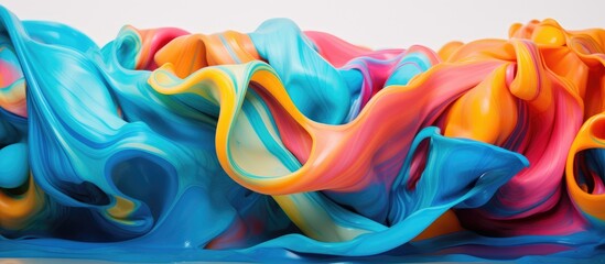 A closeup photo capturing a vibrant swirl of liquid paint in electric blue and magenta colors on a white surface, perfect for art or sportswear designs