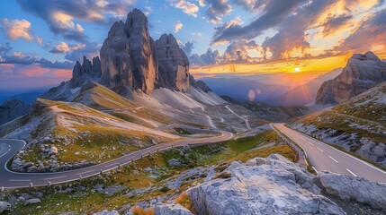 Craft a stunning image of a mountain road winding through the Dolomites in Italy, bathed in the warm hues of a colorful summer sunset.  