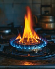 A gas stove with flames on top. Generative AI.
