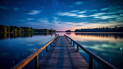 Naklejka premium Lake platform under star sky