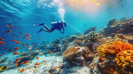 Naklejka na ściany i meble male scuba diver, swimming underwater, under tropical sea clear blue, Colorful coral reef, underwater and the seabed, snorkeling amongst many exotic fish