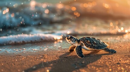 Little sea turtle on the sandy beach in morning time. Baby green turtle. Sea animals
