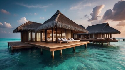 Fototapeta premium Sumptuous beachfront retreat on the idyllic shores of the Maldives, boasting unparalleled views of turquoise waters and overwater bungalows with direct access to the Ocean