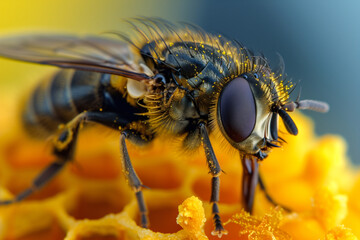 Detailed close up of a fly, that has joined the bee collective and carries features and compound eyes, World Bee Day	 - obrazy, fototapety, plakaty