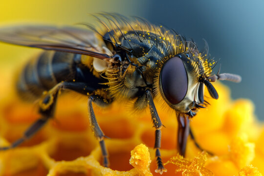 Detailed close up of a fly, that has joined the bee collective and carries features and compound eyes, World Bee Day	