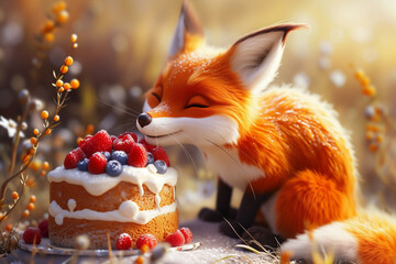 A fox is shown eating a piece of cake topped with berries, painting, cartoon - obrazy, fototapety, plakaty