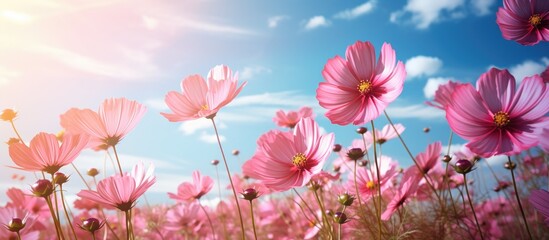 A beautiful natural landscape filled with a field of pink and purple flowers under a blue sky scattered with fluffy cumulus clouds