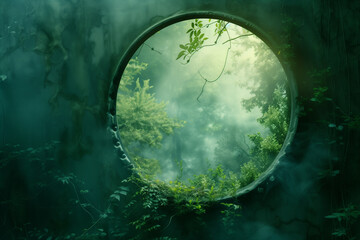 A round window stands in the midst of a dense forest, offering a unique view of the surroundings