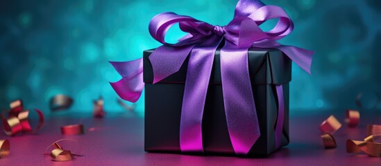 A black gift box adorned with a satin purple ribbon and bow, creating a stunning contrast reminiscent of a vibrant violet petal. Perfect for any special event or entertainment occasion