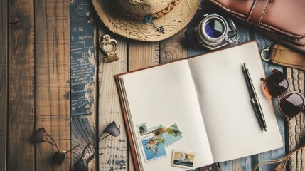 top view Open blank notebook with passport and tourist accessories on the table. travel banner.