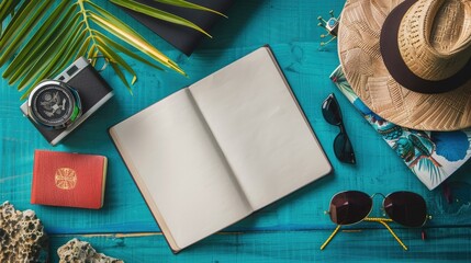 top view Open blank notebook with passport and tourist accessories on the table. travel banner.