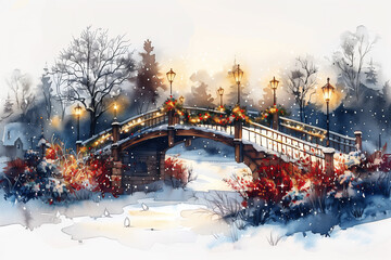 A painting of a bridge adorned with sparkling Christmas lights, adding a festive touch to the winter scene