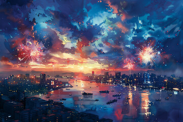 A painting showing colorful fireworks bursting in the night sky over a city, illuminating buildings