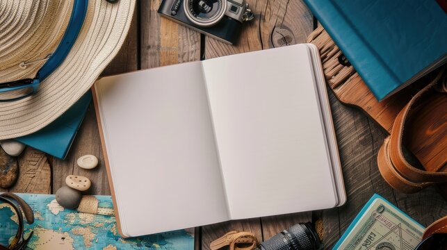 top view Open blank notebook with passport and tourist accessories on the table. travel banner.