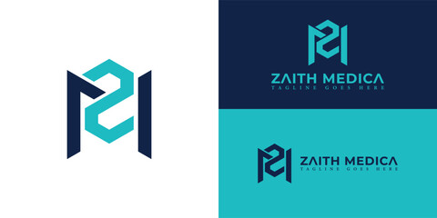 Abstract initial letter ZM or MZ logo in blue color isolated in white background. ZM company linked letter logo blue. Abstract blue letter ZM logo for medical company logo design inspiration template.