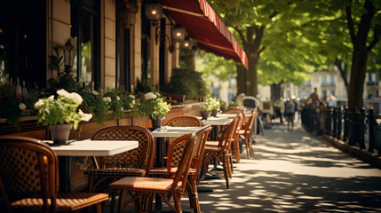 Fototapeta na wymiar serene atmosphere of an empty street cafe with wicker chairs and tables lining the sidewalk, bathed in the warm glow of the early morning sun - Generative AI