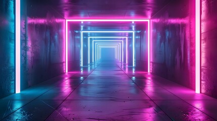 Neon light abstract background. Tunnel or corridor pink blue neon glow lights. Laser lines and LED...