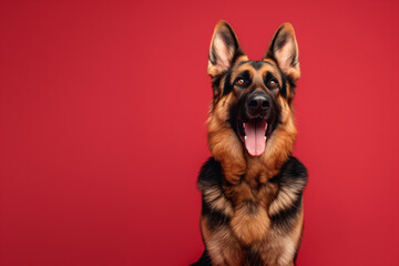 A German Shepherd dog sits in front of a vibrant red background in a full-body portrait, copy space