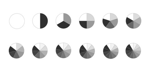 Circle divides into slices from 1 to 12. Donut or pie chart templates. Round shapes cut in equal parts. Set of segmented wheel diagrams isolated on white background. Vector graphic illustration.