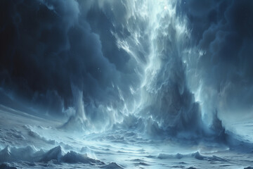 A painting depicting a tumultuous storm raging in the middle of the ocean, with dark clouds, crashing waves, and lightning striking the water - obrazy, fototapety, plakaty