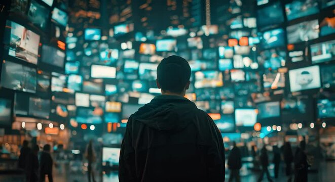 Man in Front of Wall of Television Screens