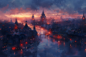 A painting depicting the city skyline illuminated by the lights at night during twilight