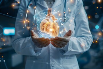 Female Doctor with Heart Surrounded by Light Bulbs, To convey the complexity and precision of medical science with a touch of surrealism and - obrazy, fototapety, plakaty