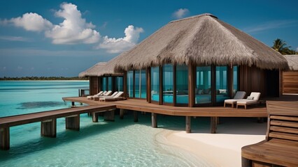Sumptuous beachfront retreat on the idyllic shores of the Maldives, boasting unparalleled views of turquoise waters and overwater bungalows with direct access to the Ocean