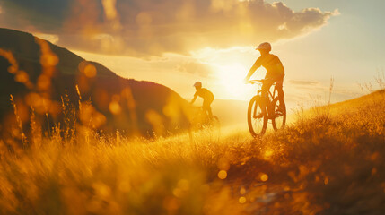 Mountain Bikers Riding in the Highlands. Active Lifestyle concept. sommer, golden lights, sunrise, beautiful weather - obrazy, fototapety, plakaty