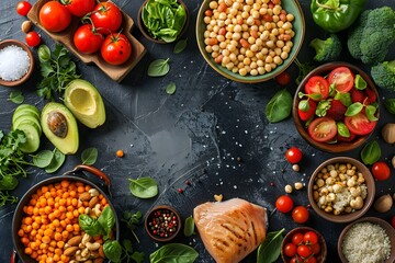 Healthy and Colorful Meal with Protein and Vegetables, To inspire and promote healthy eating habits and conscious food choices - obrazy, fototapety, plakaty