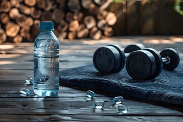 Modern Fitness Equipment Water Bottle and Weights, To convey the message of staying hydrated during a workout and the importance of fitness and - obrazy, fototapety, plakaty