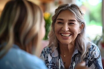 Older Woman Laughing with Attractive Young Woman at Restaurant, To convey a message of intergenerational friendship and the joy of shared experiences - obrazy, fototapety, plakaty