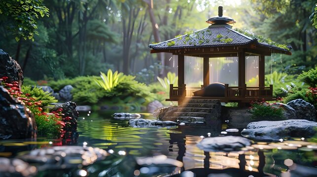 Meditation in a Waterlogged Japanese Garden, To convey a sense of tranquility and serenity through a 3D rendered image of a meditative gazebo in a
