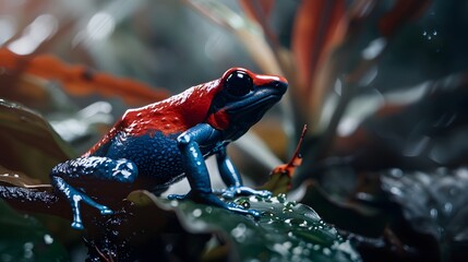 macro of a red and blue poison dart frog sitting in a tropical rainforest
