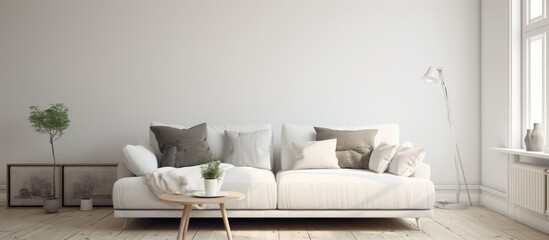 Fototapeta na wymiar Scandinavian-style White Room with Couch.