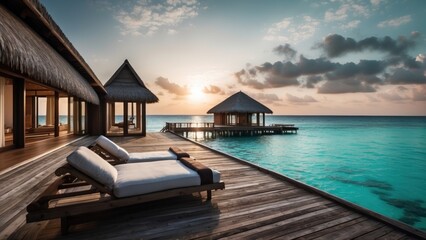 Sumptuous beachfront retreat on the idyllic shores of the Maldives, boasting unparalleled views of turquoise waters and overwater bungalows with direct access to the Ocean